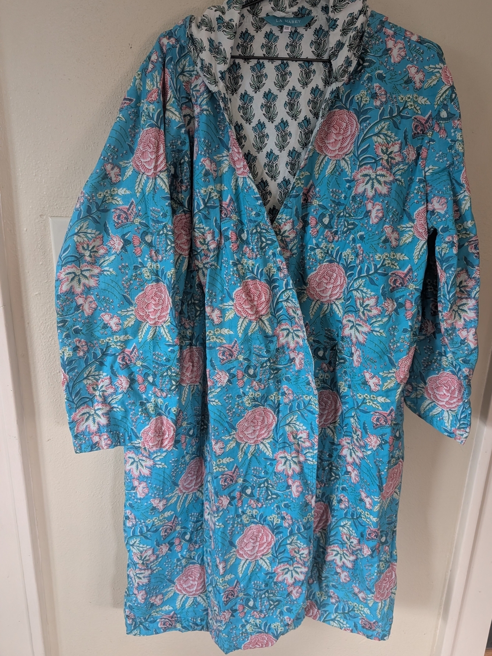La Marey Floral Turquoise Pink Cotton Hooded Robe OS